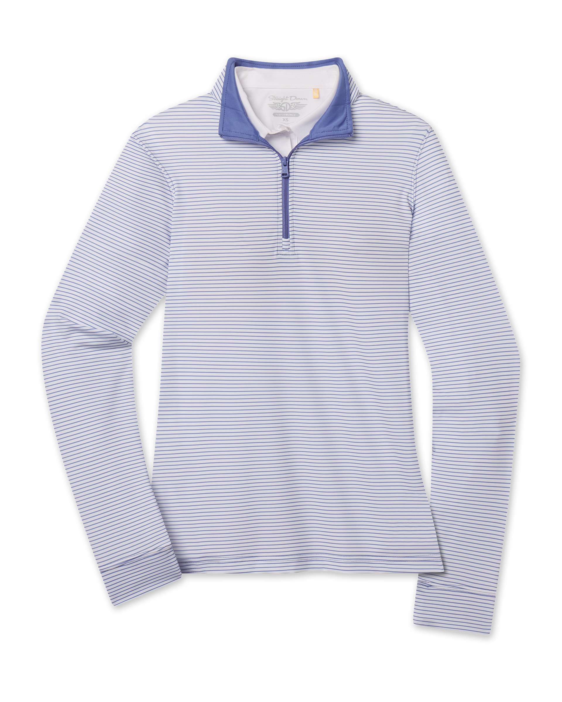 Kiri Stripe Quarter Zip in Tidal Blue with fine stripe pattern and contrast quarter-zip collar, front product view