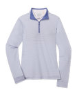 Kiri Stripe Quarter Zip in Tidal Blue with fine stripe pattern and contrast quarter-zip collar, front product view