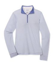 Kiri Stripe Quarter Zip in Tidal Blue with fine stripe pattern and contrast quarter-zip collar, front product view