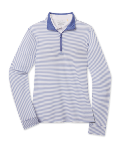 Kiri Stripe Quarter Zip in Tidal Blue with fine stripe pattern and contrast quarter-zip collar, front product view