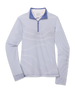 Kiri Stripe Quarter Zip in Tidal Blue with fine stripe pattern and contrast quarter-zip collar, front product view