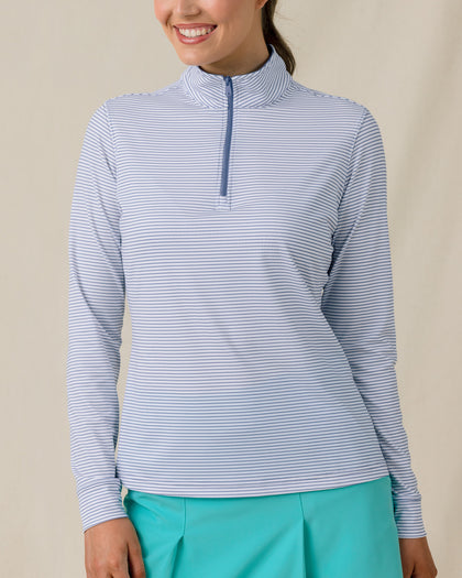 Kiri Stripe Quarter Zip in Tidal Blue with quarter-zip collar detail and lightweight stretch fabric