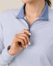 Close-up of Kiri Stripe Quarter Zip in Tidal Blue showing striped fabric and zipper detail