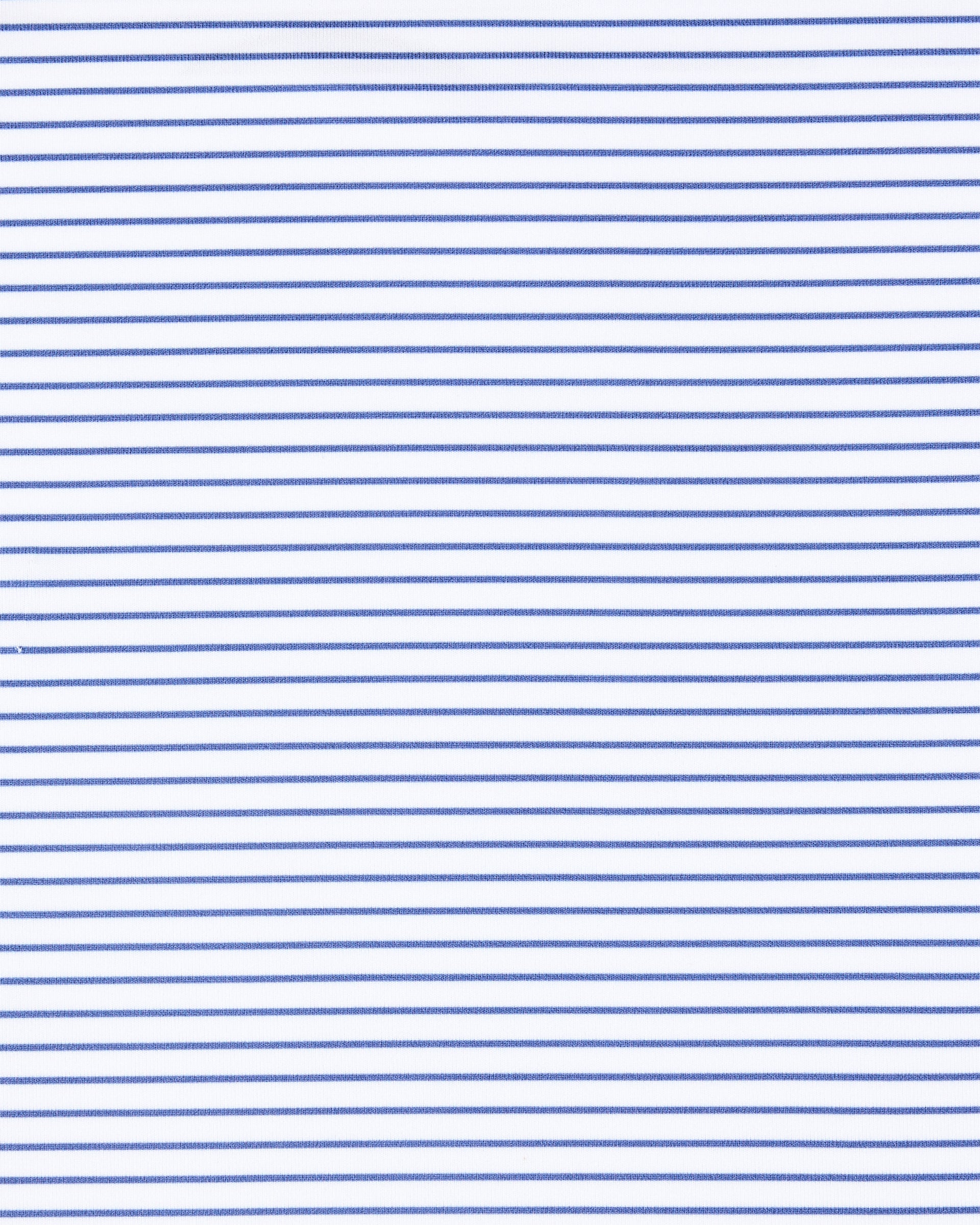 A close-up of a fabric pattern featuring thin, horizontal blue stripes on a white background.