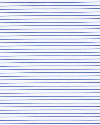 A close-up of a fabric pattern featuring thin, horizontal blue stripes on a white background.