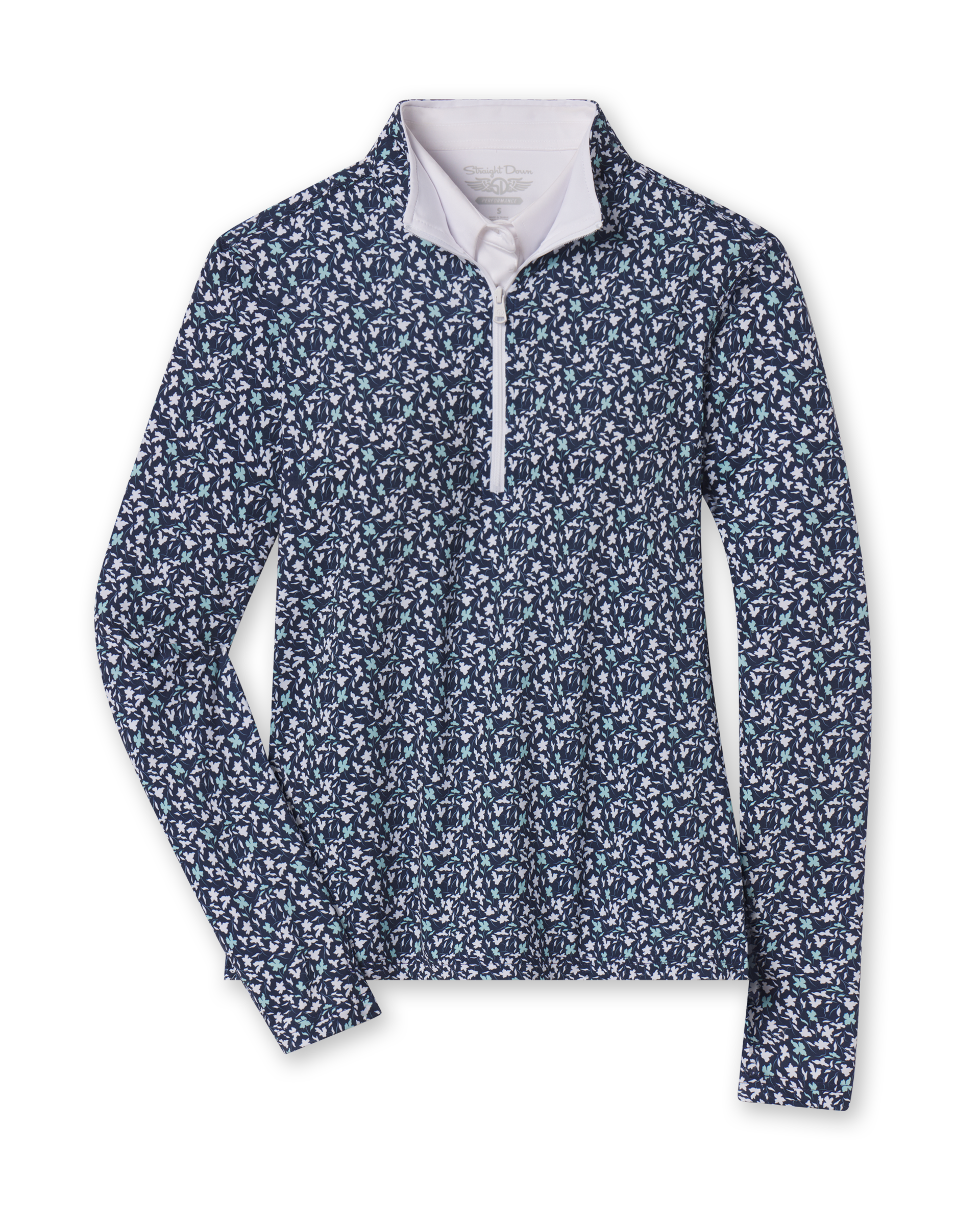 Women's Flores Quarter Zip in New Indigo, flat lay view front featuring a navy long sleeve quarter zip pullover with an allover small floral print in white and mint green tones, mock neck collar, and white zipper with a white interior collar lining