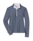 Women's Flores Quarter Zip in New Indigo, flat lay view front featuring a navy long sleeve quarter zip pullover with an allover small floral print in white and mint green tones, mock neck collar, and white zipper with a white interior collar lining