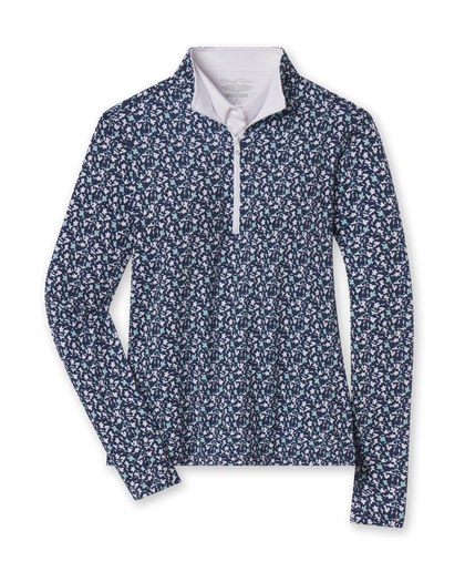 Women's Flores Quarter Zip in New Indigo, flat lay view front featuring a navy long sleeve quarter zip pullover with an allover small floral print in white and mint green tones, mock neck collar, and white zipper with a white interior collar lining