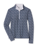 Women's Flores Quarter Zip in New Indigo, flat lay view front featuring a navy long sleeve quarter zip pullover with an allover small floral print in white and mint green tones, mock neck collar, and white zipper with a white interior collar lining