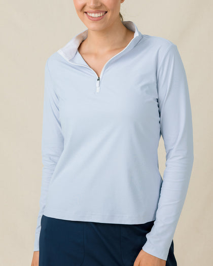 Mylite Quarter Zip in Lake blue with textured stretch fabric, zipper detail view