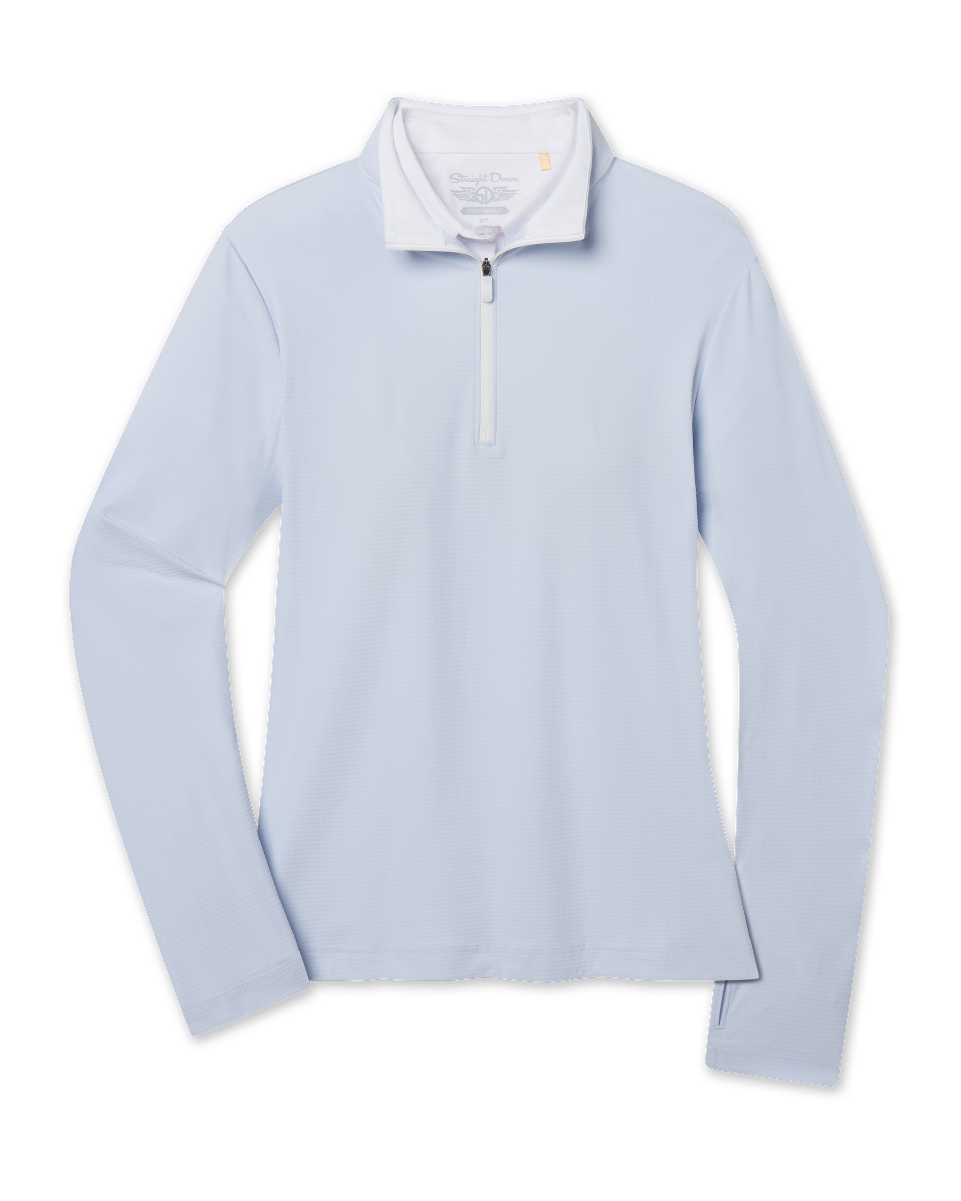 Mylite Quarter Zip in Lake blue with textured stretch fabric, front view