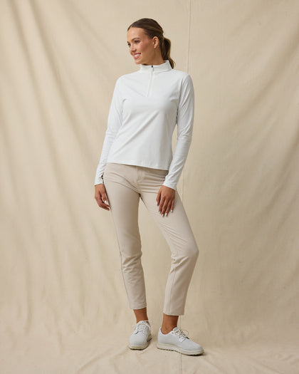 Mylite Quarter Zip in White, full outfit model view styled with light ankle pants