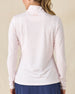 Royal Orchid Quarter Zip in Pearl, back view featuring a white base with pink floral line-drawn allover print pattern with Straight Down embroidered logo at the upper back, paired with navy pants