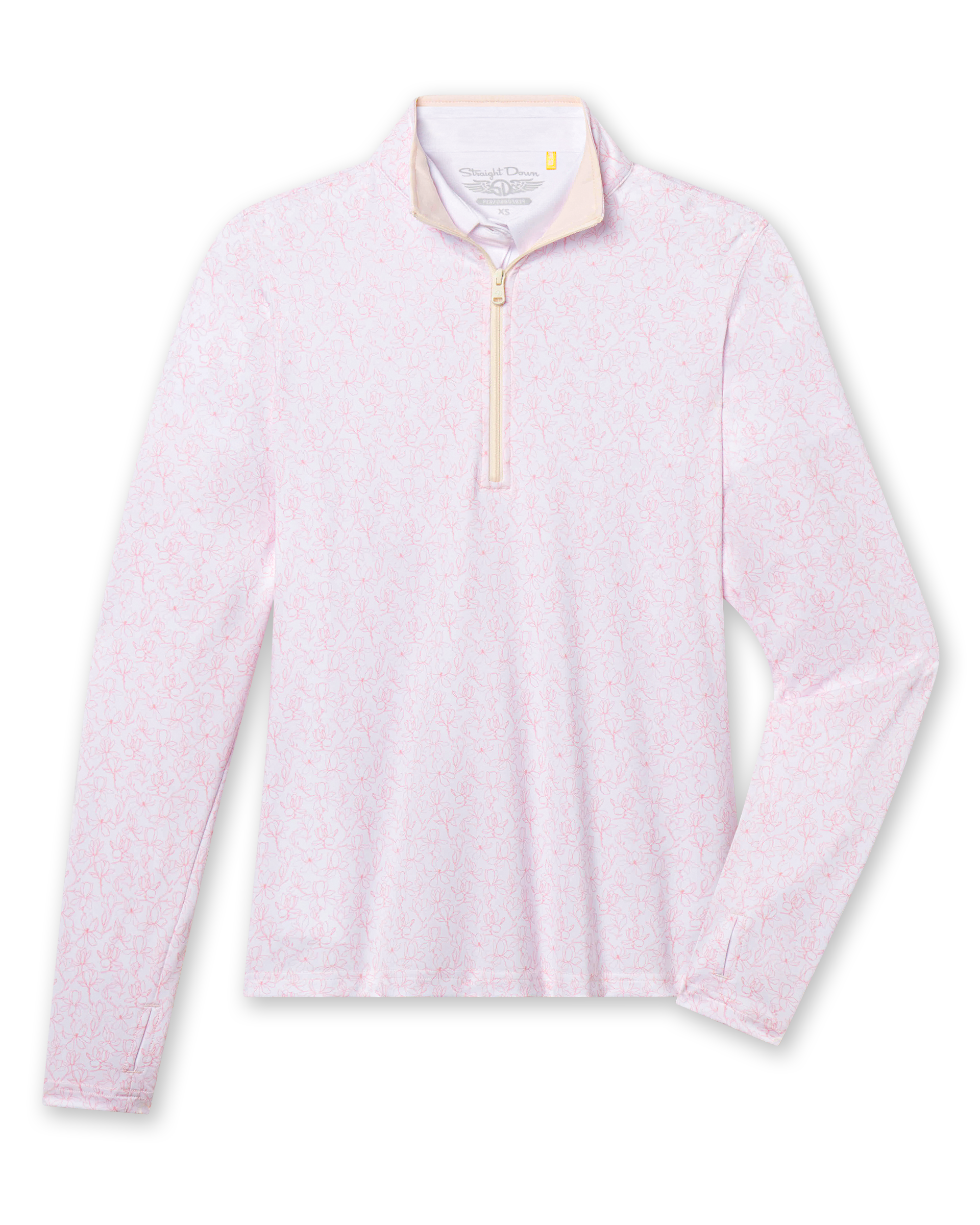 Royal Orchid Quarter Zip in Pearl, flat lay front view featuring a white base with pink floral line-drawn allover print pattern and blush contrast collar lining