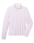 Royal Orchid Quarter Zip in Pearl, flat lay front view featuring a white base with pink floral line-drawn allover print pattern and blush contrast collar lining