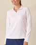Royal Orchid Quarter Zip in Pearl, front view featuring a white base with pink floral line-drawn allover print pattern and blush contrast collar lining, paired with navy pants