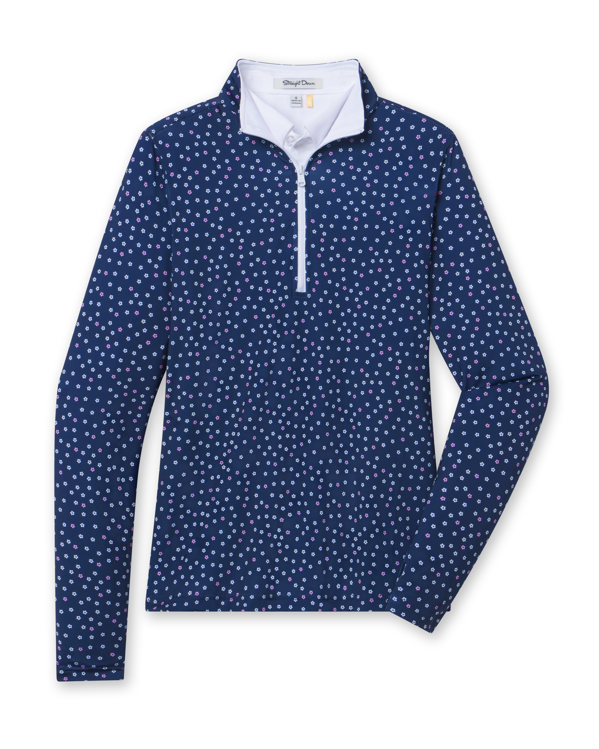 Cherry Bloom Quarter Zip in New Indigo, flat lay front view featuring a navy base with a scattered white and pink floral print and white quarter zip and white collar interior