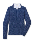 Cherry Bloom Quarter Zip in New Indigo, flat lay front view featuring a navy base with a scattered white and pink floral print and white quarter zip and white collar interior