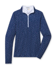Cherry Bloom Quarter Zip in New Indigo, flat lay front view featuring a navy base with a scattered white and pink floral print and white quarter zip and white collar interior