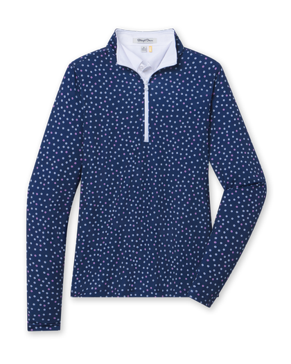 Cherry Bloom Quarter Zip in New Indigo, flat lay front view featuring a navy base with a scattered white and pink floral print and white quarter zip and white collar interior