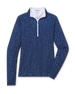 Cherry Bloom Quarter Zip in New Indigo, flat lay front view featuring a navy base with a scattered white and pink floral print and white quarter zip and white collar interior