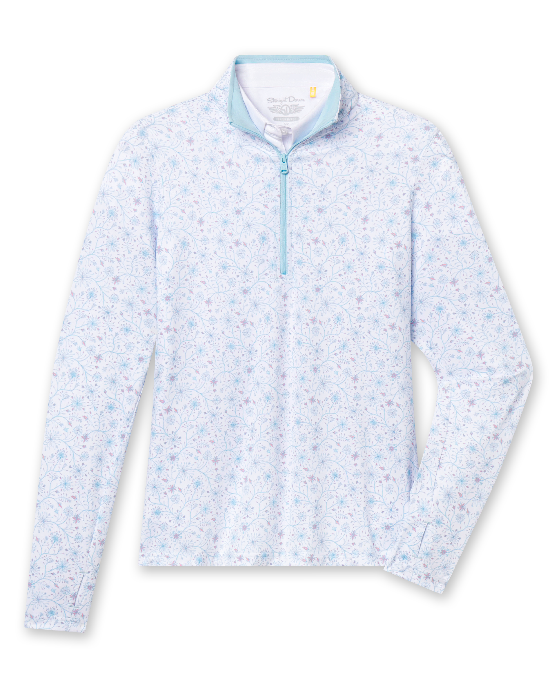 Mariette Quarter Zip in Gemstone, flat lay front view featuring a white base with light blue and mauve floral vine allover print pattern and light blue quarter zip with light blue contrast collar lining