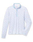 Mariette Quarter Zip in Gemstone, flat lay front view featuring a white base with light blue and mauve floral vine allover print pattern and light blue quarter zip with light blue contrast collar lining