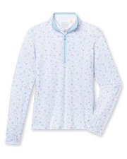 Mariette Quarter Zip in Gemstone, flat lay front view featuring a white base with light blue and mauve floral vine allover print pattern and light blue quarter zip with light blue contrast collar lining