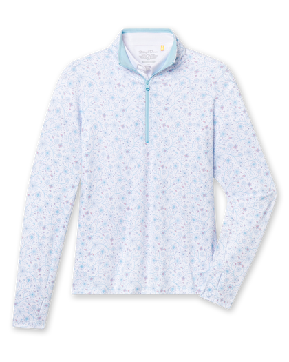 Mariette Quarter Zip in Gemstone, flat lay front view featuring a white base with light blue and mauve floral vine allover print pattern and light blue quarter zip with light blue contrast collar lining