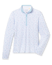 Mariette Quarter Zip in Gemstone, flat lay front view featuring a white base with light blue and mauve floral vine allover print pattern and light blue quarter zip with light blue contrast collar lining