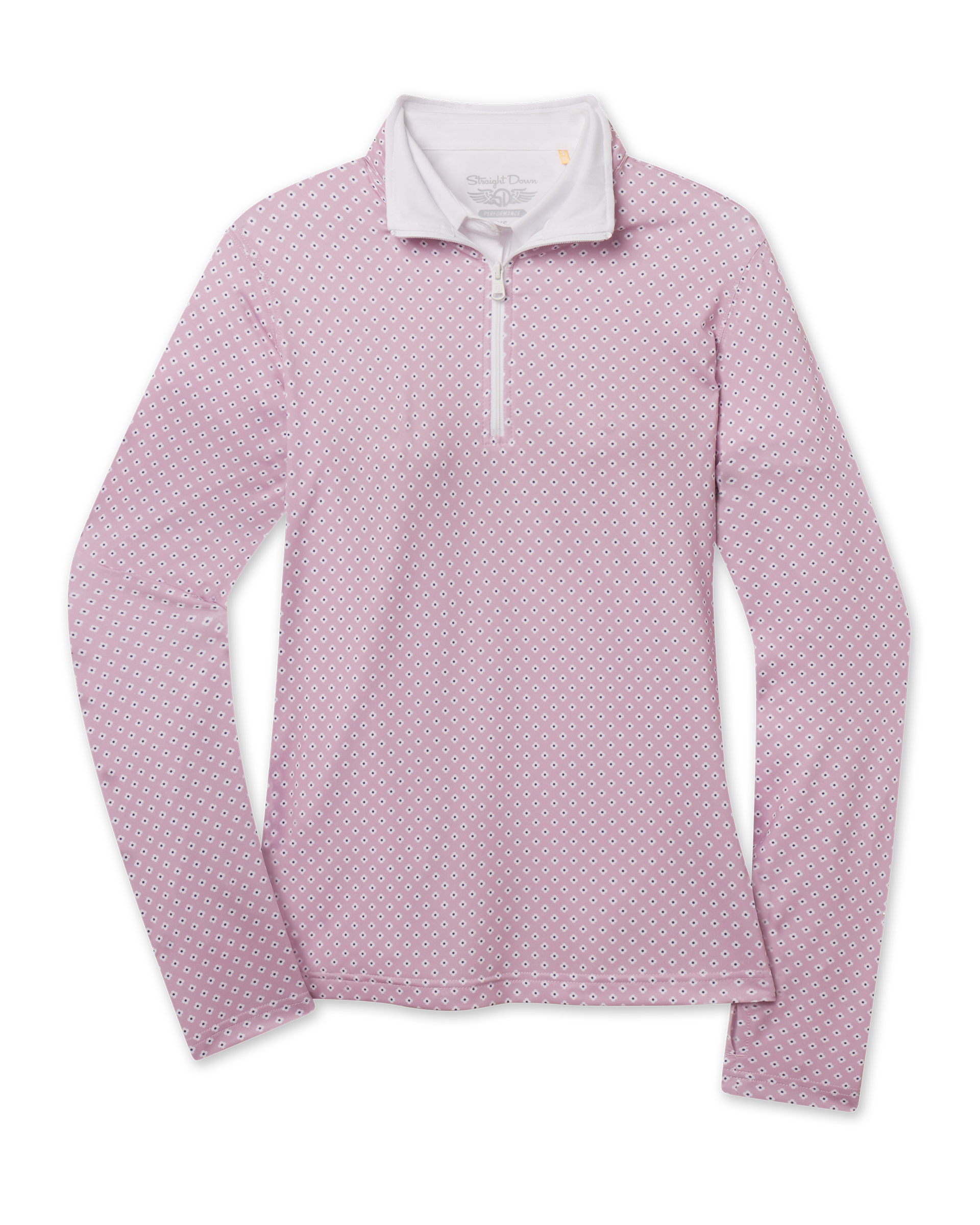 Women's Empress Quarter Zip in Pink Dawn with geometric floral print, front flat lay view