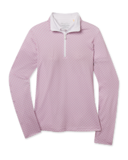 Women's Empress Quarter Zip in Pink Dawn with geometric floral print, front flat lay view