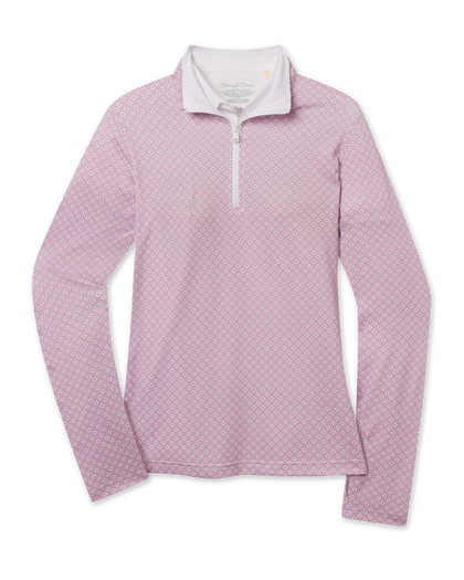 Women's Empress Quarter Zip in Pink Dawn with geometric floral print, front flat lay view