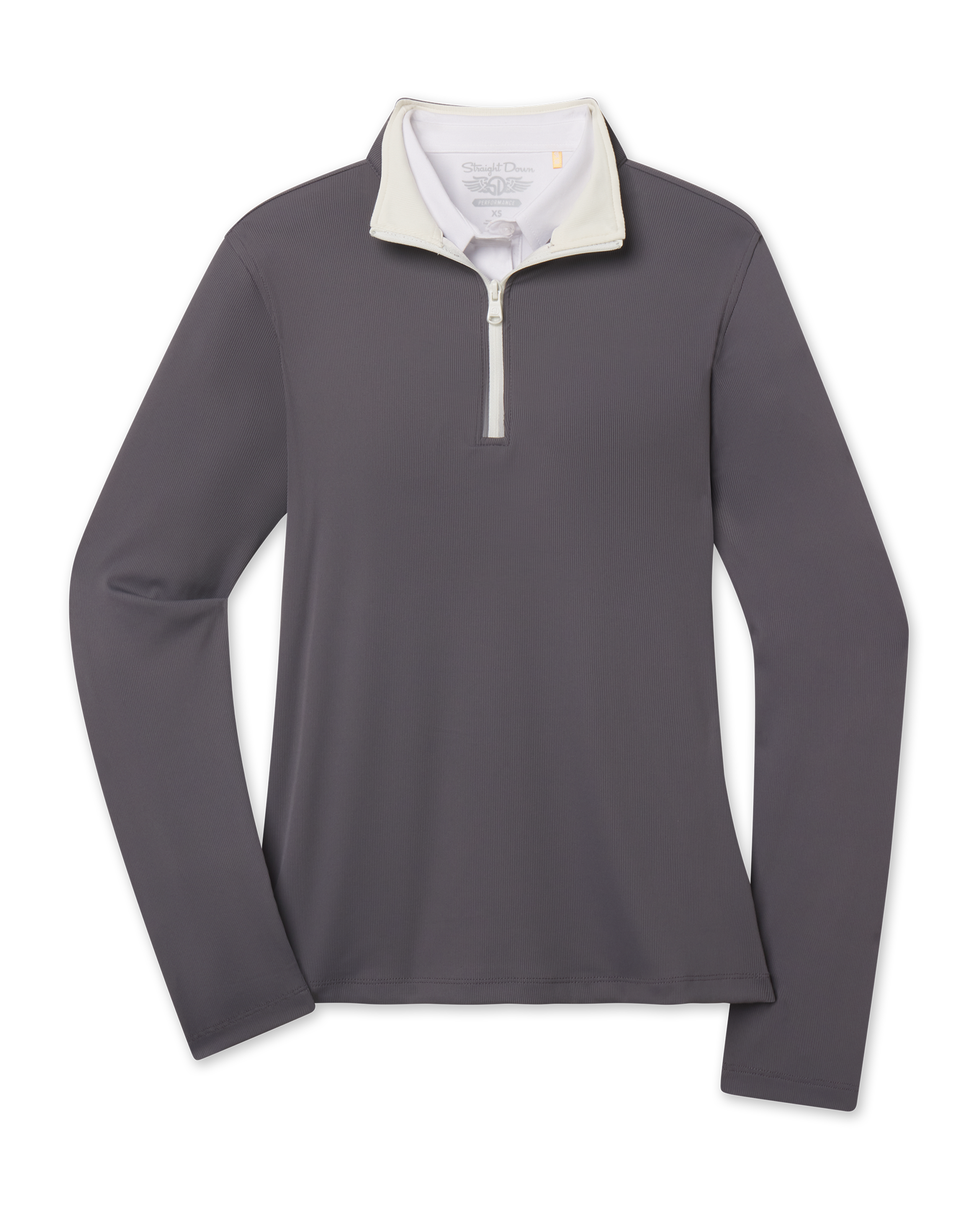 Front product view of the Skyler Quarter Zip in Nightshade, featuring a dark gray ribbed texture with a contrasting cream collar and quarter-zip placket.