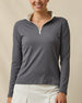 Front view of a woman wearing the Skyler Quarter Zip in Nightshade, showing the ribbed texture, cream contrast collar, and quarter-zip neckline.