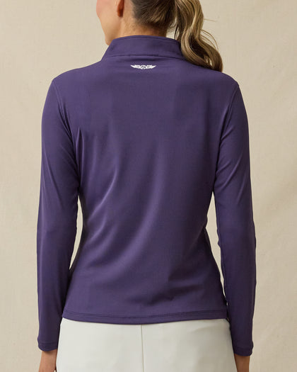 Back view of the Skyler Quarter Zip in Blackcurrant, featuring a rich purple hue with logo detail at the back collar