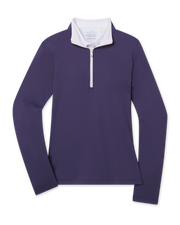Skyler Quarter Zip in Blackcurrant purple featuring a sleek long-sleeve design with contrast zipper and inner white collar 