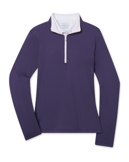Skyler Quarter Zip in Blackcurrant purple featuring a sleek long-sleeve design with contrast zipper and inner white collar 