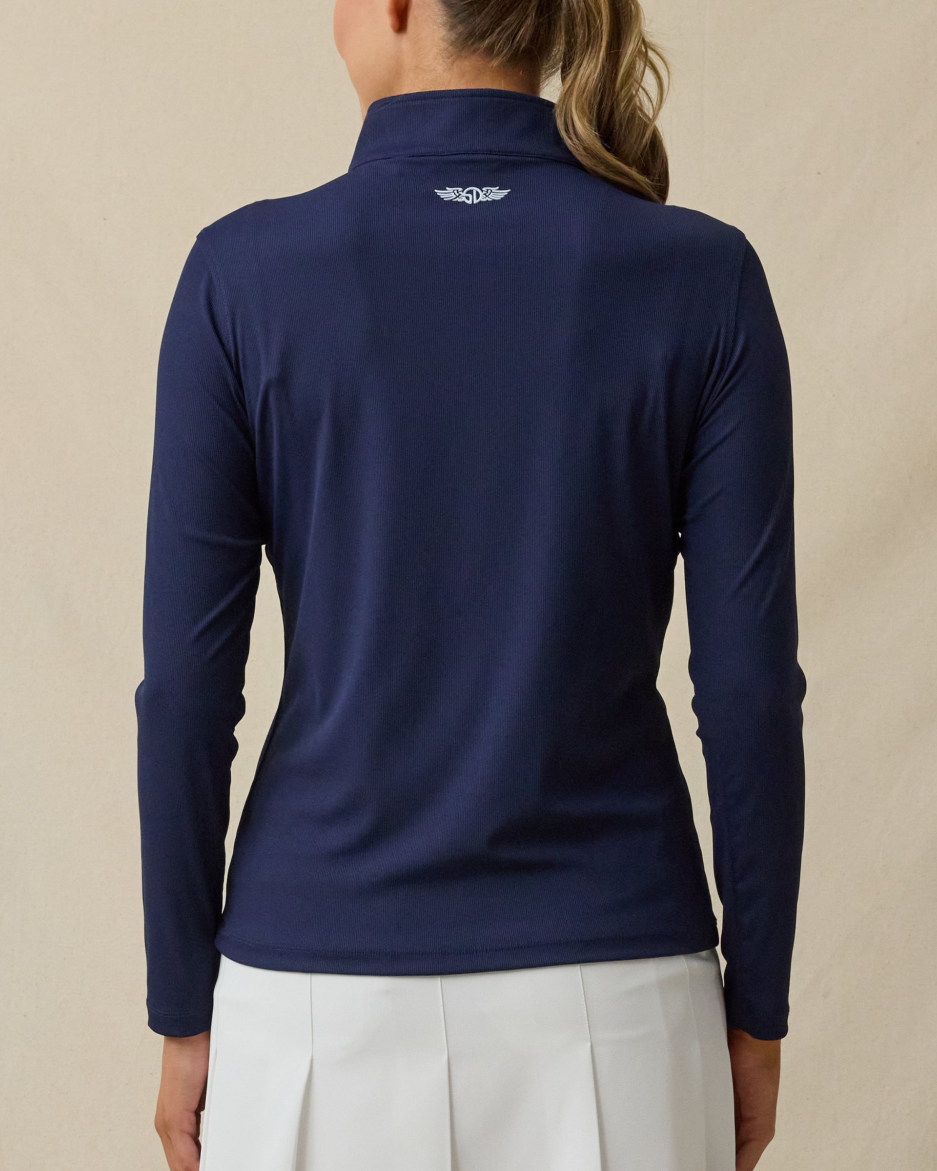Skyler Quarter Zip in New Indigo, back view
