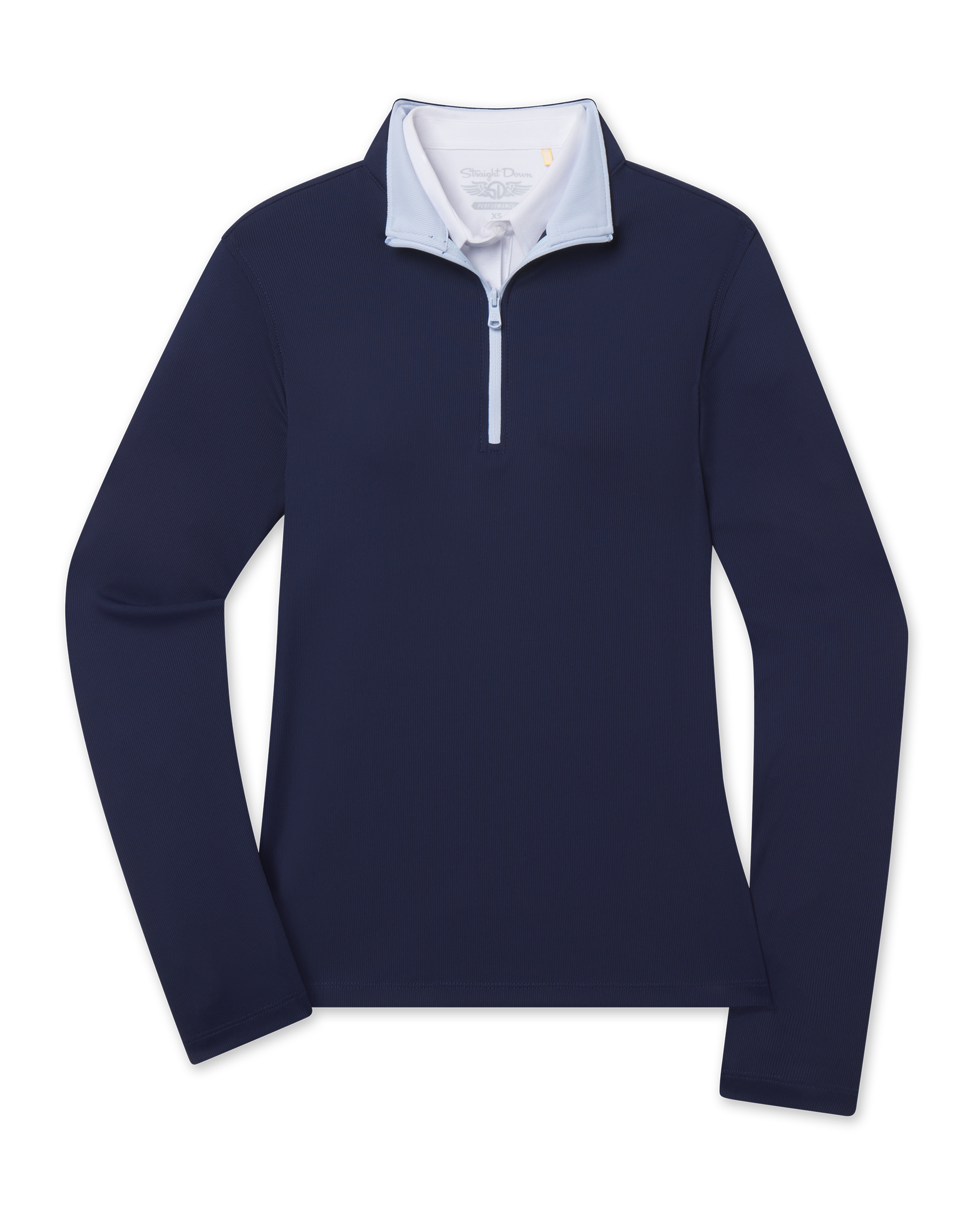 Skyler Quarter Zip in New Indigo with contrast collar and zipper, front view