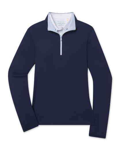 Skyler Quarter Zip in New Indigo with contrast collar and zipper, front view