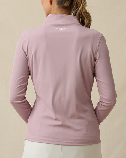 Back view of the Skyler Quarter Zip in Pink Dawn, featuring logo detail at the back collar