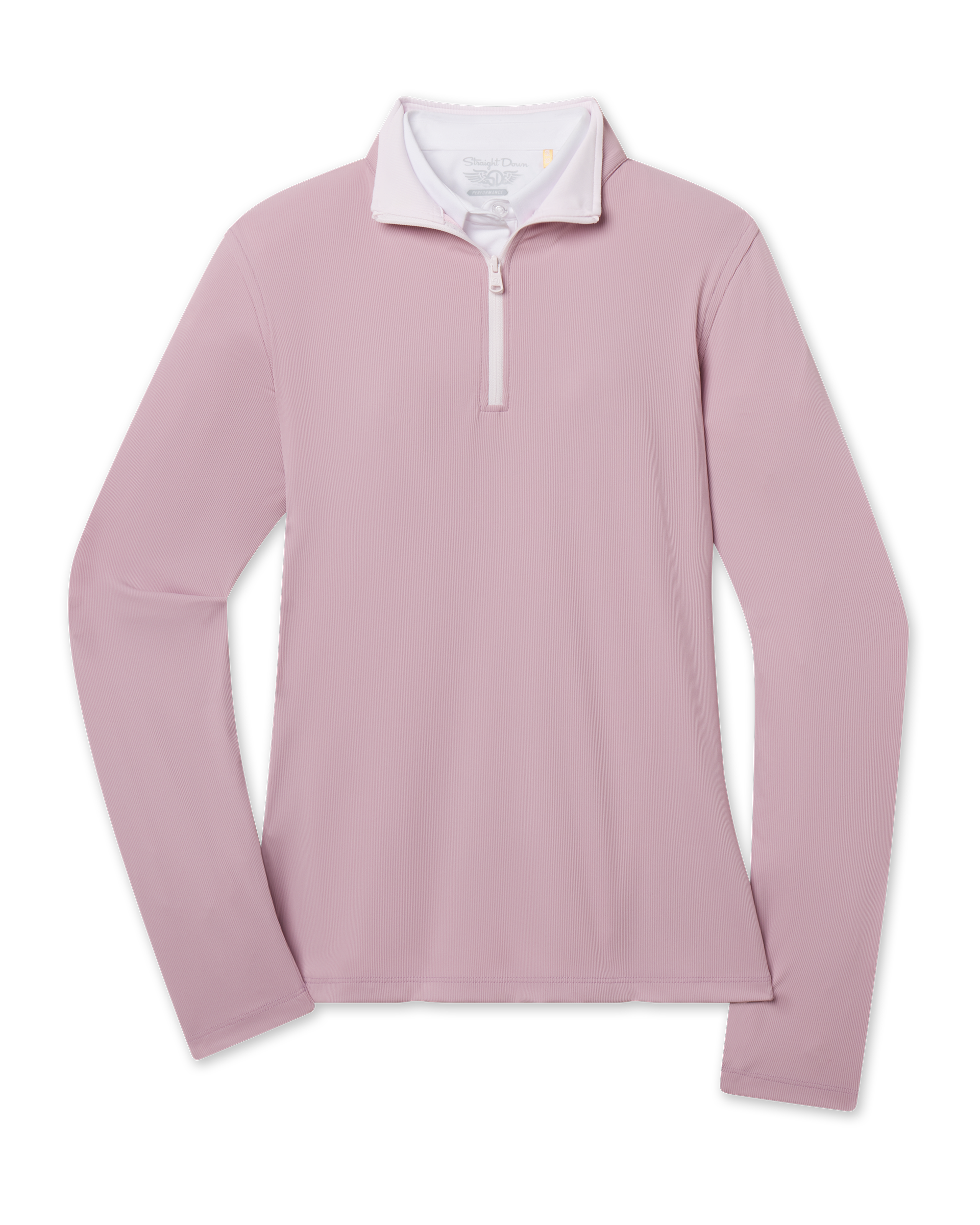 Skyler Quarter Zip in Pink Dawn featuring a soft pink hue, long sleeves, and contrast white quarter-zip closure