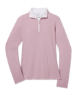 Skyler Quarter Zip in Pink Dawn featuring a soft pink hue, long sleeves, and contrast white quarter-zip closure
