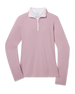 Skyler Quarter Zip in Pink Dawn featuring a soft pink hue, long sleeves, and contrast white quarter-zip closure