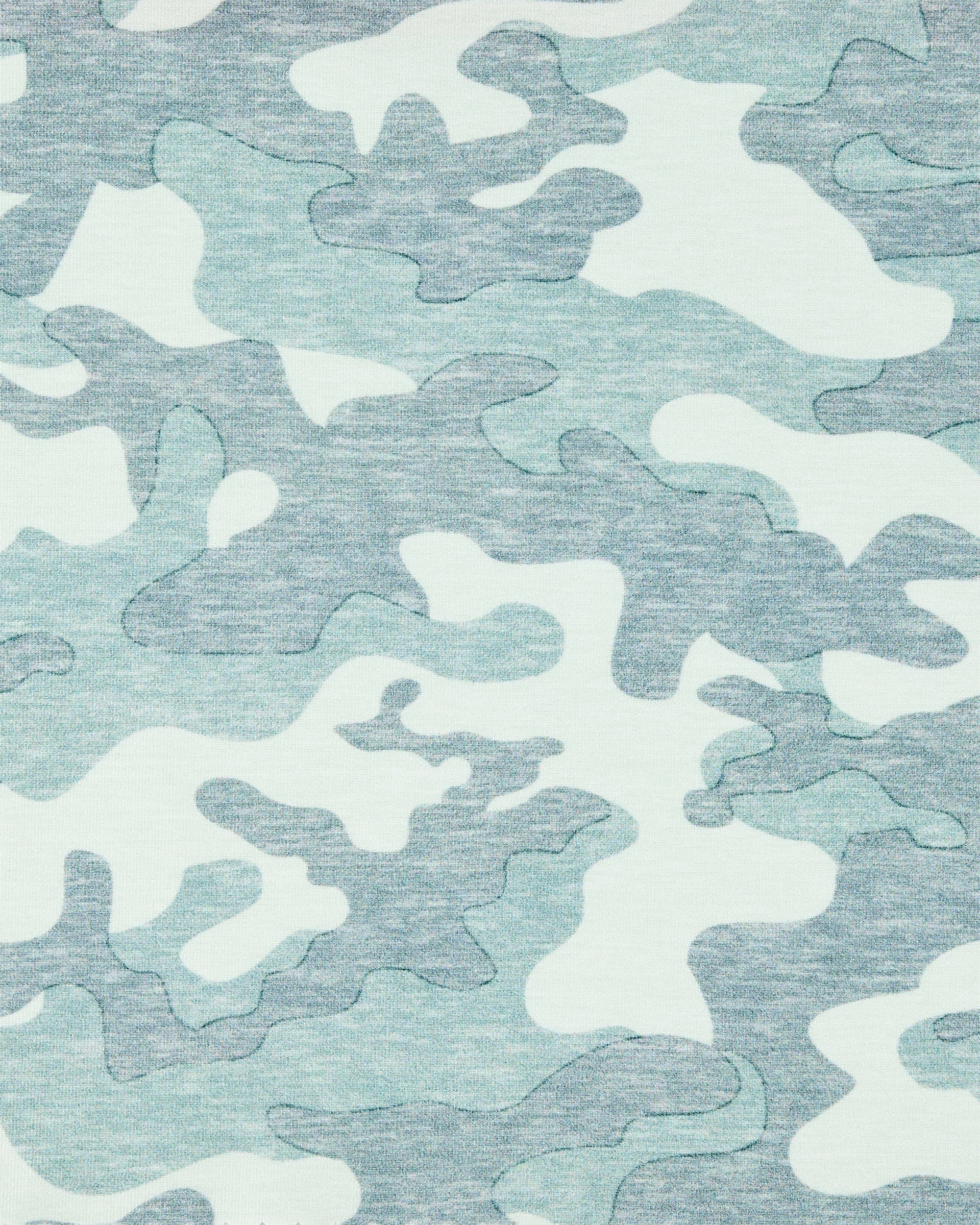 A close-up of a camouflage pattern fabric or wallpaper in soft green tones.