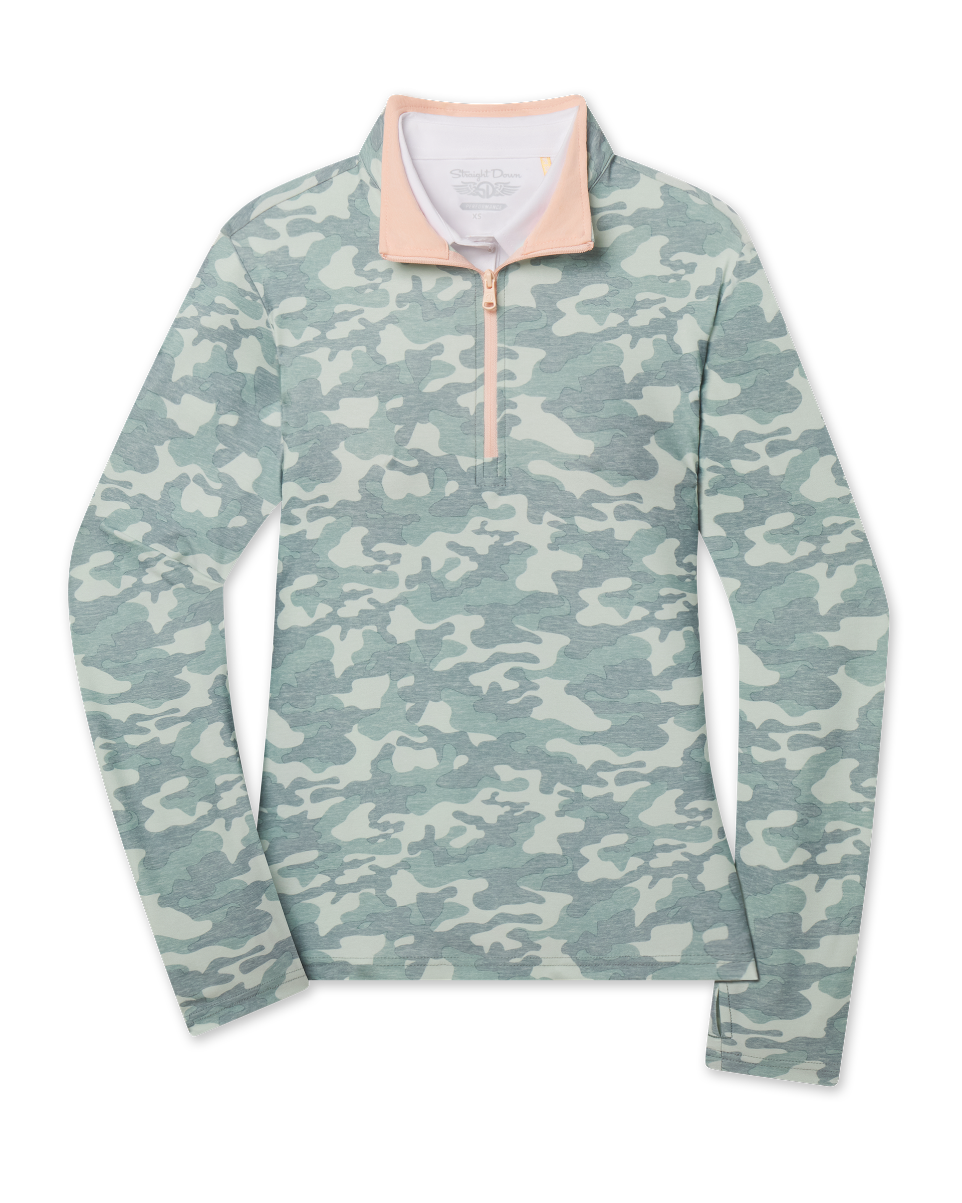 A women's long-sleeve quarter-zip pullover featuring a sage green and light gray camouflage pattern with a contrasting light peach collar and zipper trim.