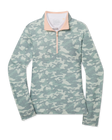 A women's long-sleeve quarter-zip pullover featuring a sage green and light gray camouflage pattern with a contrasting light peach collar and zipper trim.