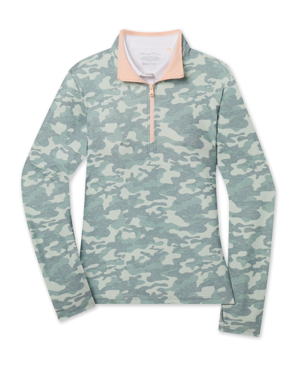 A women's long-sleeve quarter-zip pullover featuring a sage green and light gray camouflage pattern with a contrasting light peach collar and zipper trim.