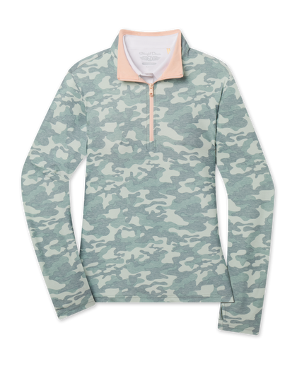 A women's long-sleeve quarter-zip pullover featuring a sage green and light gray camouflage pattern with a contrasting light peach collar and zipper trim.
